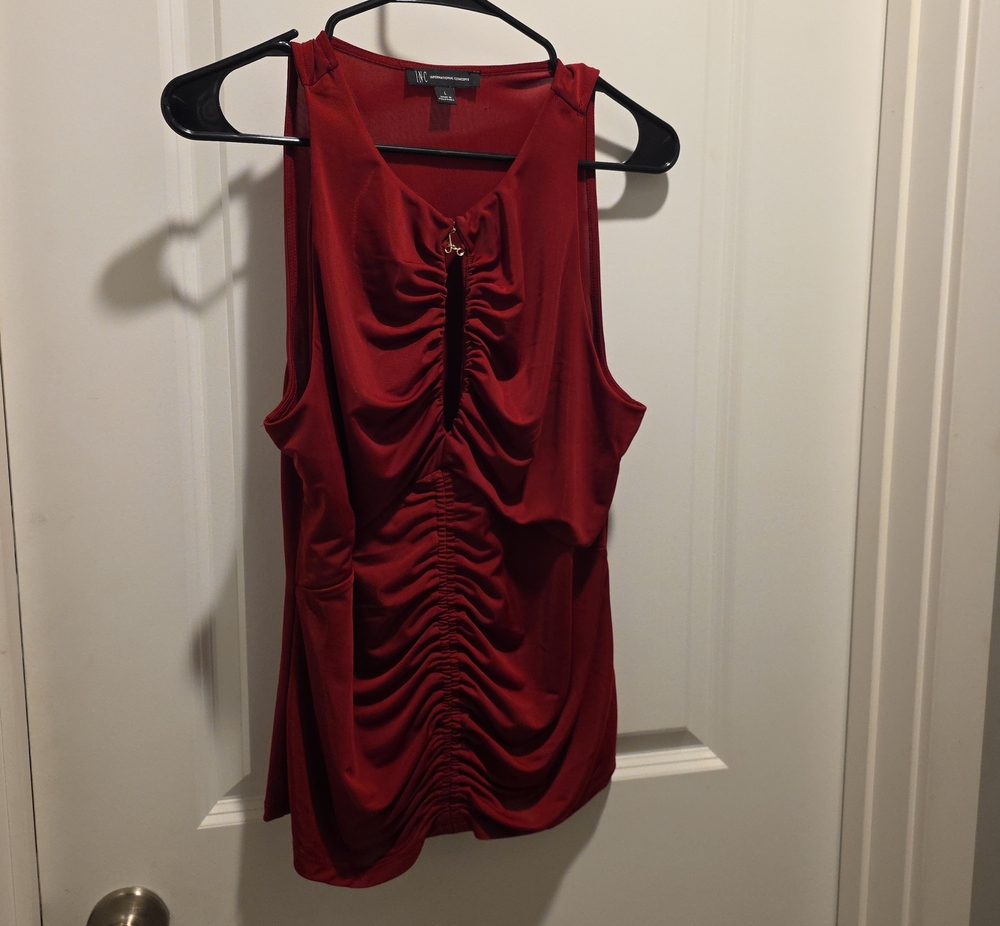 INC International Concepts Red Ruched Sleeveless Tank with Decorative Clasp